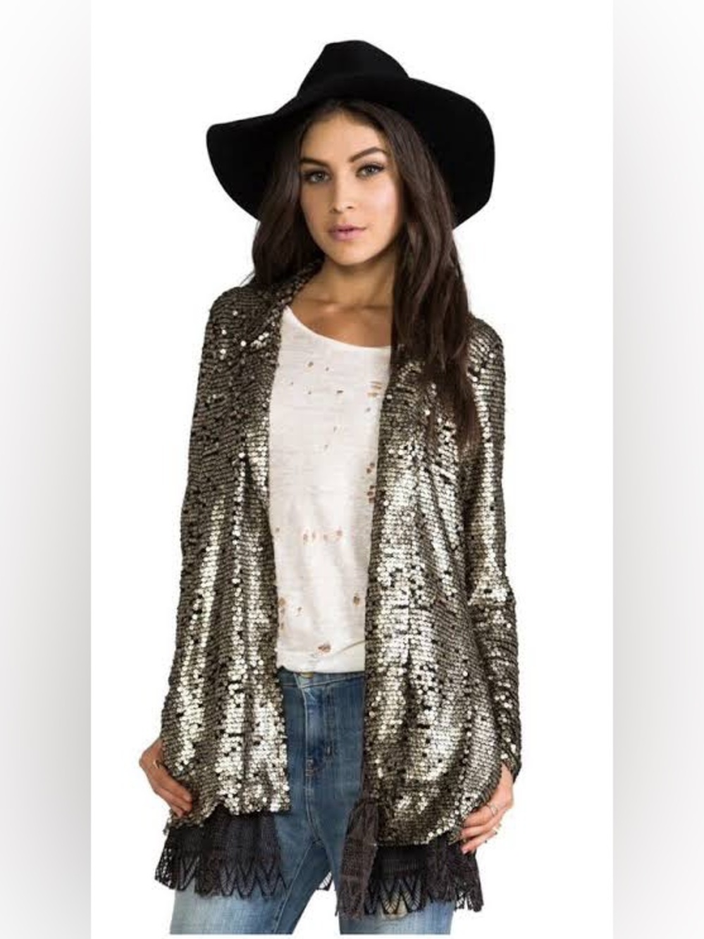 Free People tarnished sequins stardust jacket cardigan sz M black gold boho